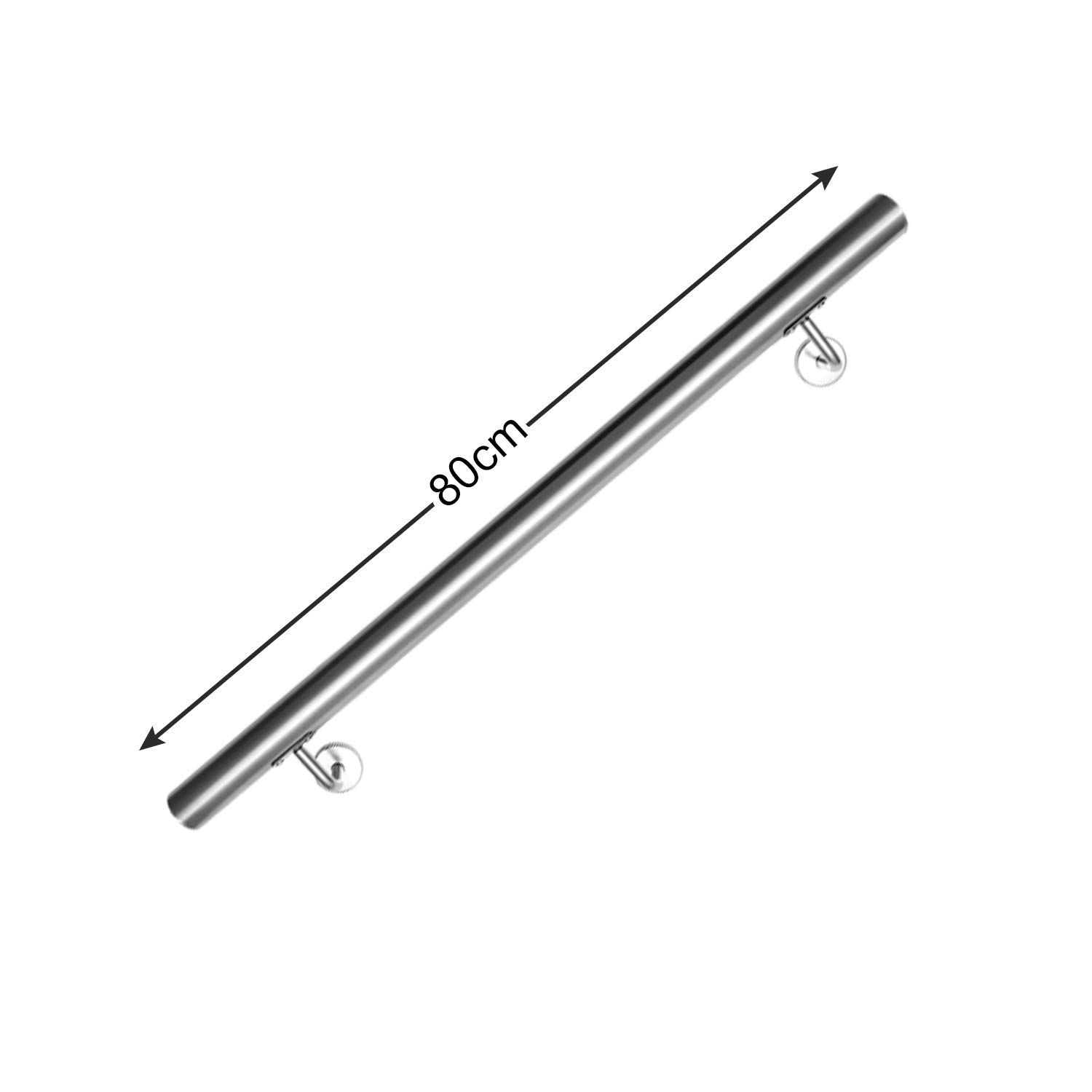 Corrimano per scale interne, 80 cm, in acciaio inox, con appoggiamano a parete e cappucci di chiusura per estremità