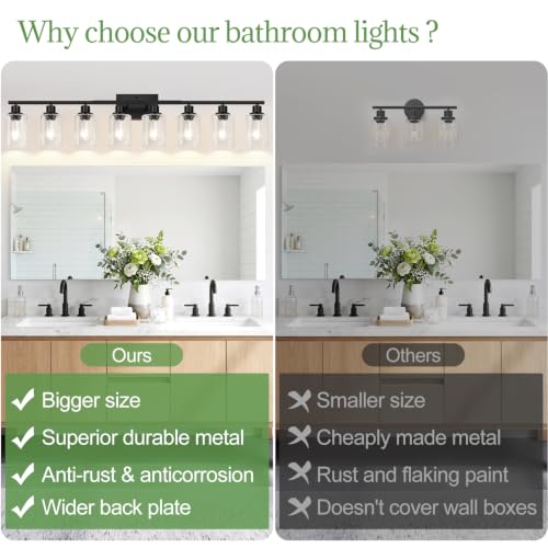 Image of Indoi 8-Light Bathroom Light Fixtures, Matte Black Modern Vanity Lights with Clear Glass Shades, Bathroom Wall Lamp for Mirror Living Room Cabinet Bedroom Porch