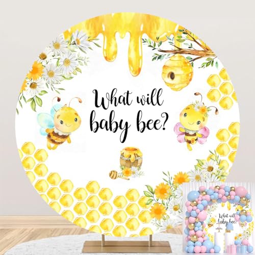 Leowefowa 6.5x6.5ft Polyester Bee Gender Receal Arch Round Backdrop Stand Cover Pink Blue Bees Honeycomb What Will Baby Be Background Bee Baby Shower Gender Reveal Circle Round Backdrop