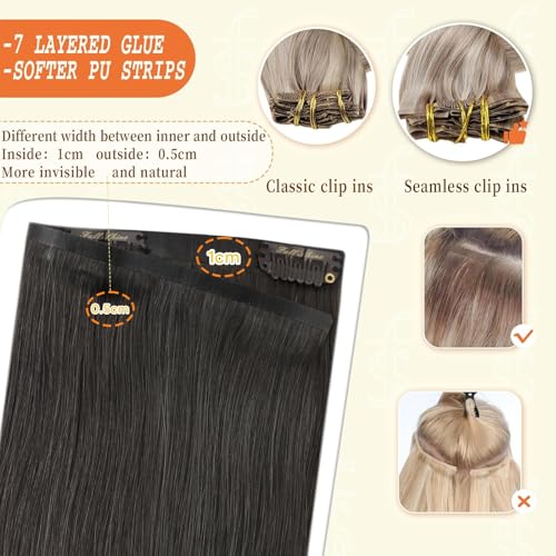 Image of Full Shine Seamless Clip in Hair Extensions Human Hair, 18 Inch Mocha Brown | Invisible PU Weft, Silky Straight Remy Hair, Full Volume, Lightweight, Fine to Medium Hair, Clip Ins for Women, 8 Pcs 120g