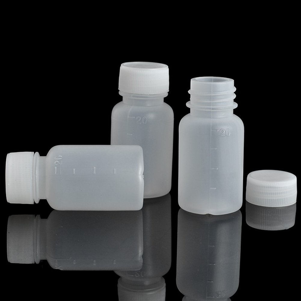 Dealglad 100 piezas de 20 ml polietileno vacío de plástico pequeña boca Graduado Laboratorio Química Recipiente Botella de reactivo muestra de sellado líquido medicina botella