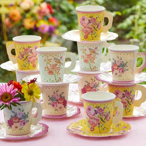 Talking Tables 24 x 7 oz Vintage Floral Paper Tea Cups & Saucer Set, Disposable Tea Cups for Easter, Afternoon Tea Parties, Bridal Shower, Mothers Day, Wedding, Birthday, Birthday Party Decorations