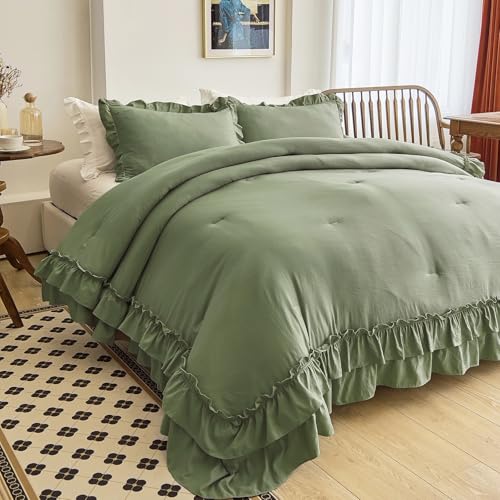 AIKASY Sea Green Comforters Twin Size Set, Vintage Boho Chic Farmhouse Bedding Sets Shabby Ruffle Queen Bed Comforter Bedding 3PCS(1 Comforter and 2 Pillowcases)