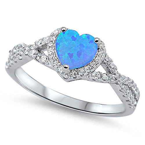 Sterling Silver Heart Halo Simulated Gemstone Promise Ring ( Created Blue Opal, 10)