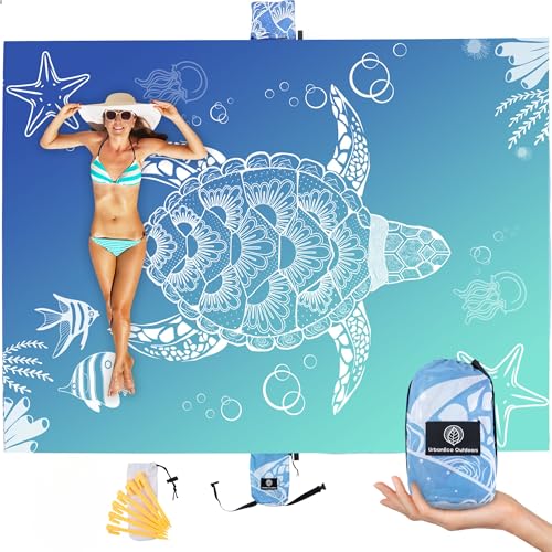 URBANECO OUTDOORS Beach Blanket Waterproof Sandproof - 107"x77" Oversized Turtle Beach Mat Sand Free Sandproof Beach Blankets, Double Anchored Extra Large Picnic Blanket Mat