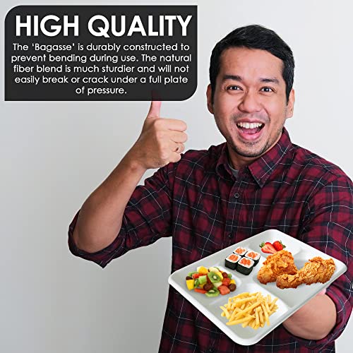 5-Compartment Plate Disposable, Heavy Duty, Compostable, Biodegradable, Eco-Friendly, 12.5*8.6 Inch Natural Bagasse - Made Of Sugar Cane Fiber - 125 Pcs #TOP5