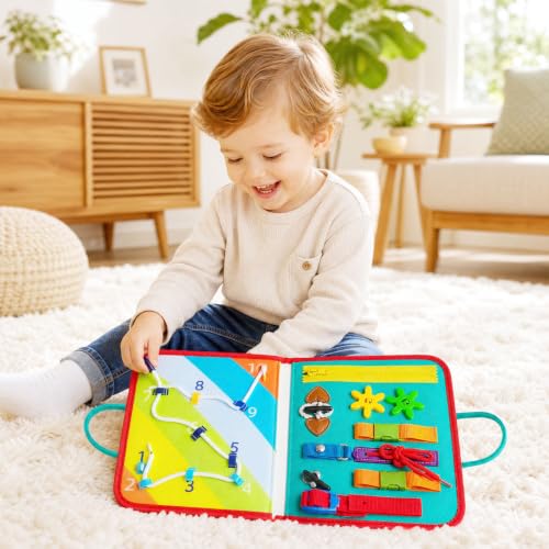 Lercaii Montessori Busy Board & Busy Book with 10+ Sensory Activities, Fine Motor Skills Learning Toy with Shoe Lacing Practice, Quiet Travel Toy for Airplane & Car, Birthday Gift for Boys Girls — view 6