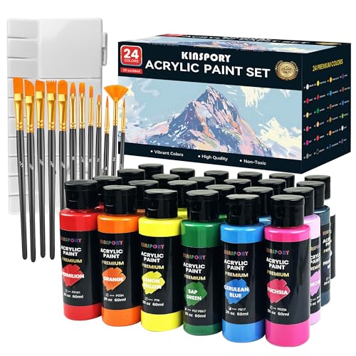 KINSPORY Peinture Acrylique 24 x 60 ml avec 12 Pinceaux et Palette - Résistant à l'Eau, Certifié Sécurité - Pour Toile, Pierre, Bois, Tissu. Idéal pour Artistes,...