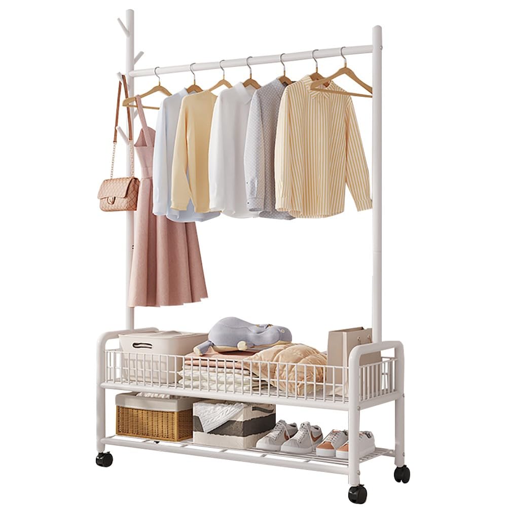 FGXHHS Industrial Coat Rack Stand with Shoe Storage, Steel Frame Hall Tree Hooks & Shelves, Mobile Clothes on Casters, 90/120CM, 100kg Load Capacity, Perfect for Hallway