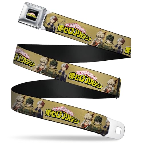 My Hero Academia Belt, Seatbelt Buckle Belt, My Hero Academia Character Trio Pose and Title Logo Tan, Youth 20 to 36 Inches