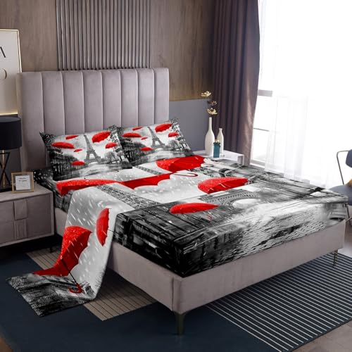 jejeloiu Eiffel Tower Bed Sheets Set Full Size Boys Girls Paris Fitted Sheet for Kids Valentines Bedding Set Trip Design Grey Red Room Decor Soft