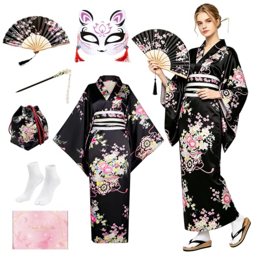 HEITOYI Robe Japonaise Geisha Yukata, Kimono Japonais Femme （Noir）