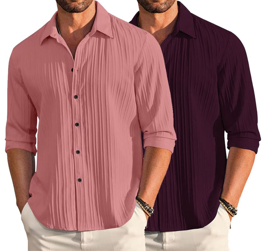 Image of DEELMO Combo of Men's Casual Button Down Shirts Long Sleeve Linen Shirt Fashion Textured Summer Shirts Pack of 2