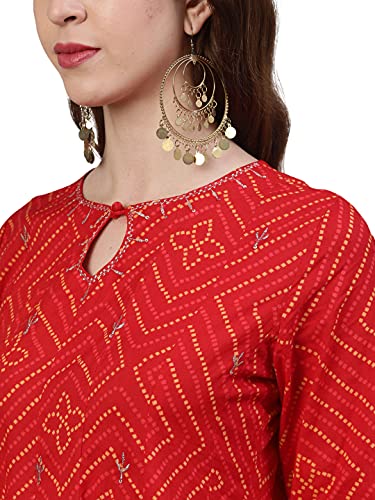 Image of ishin Women's Cotton Anarkali Embellished Gotta Patti Bandhani Print Red Kurti