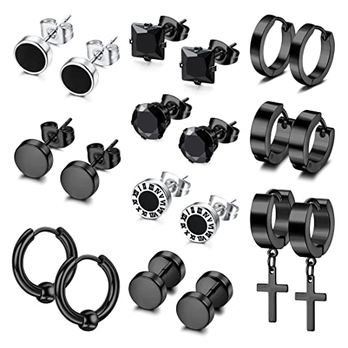 Adramata 10 Paires de Boucles d'Oreilles Homme Acier Inoxydable Clous d'Oreilles Multi-styles Boucle d'oreille Homme Zircon Piercing Oreille pour Homme Garçon,B