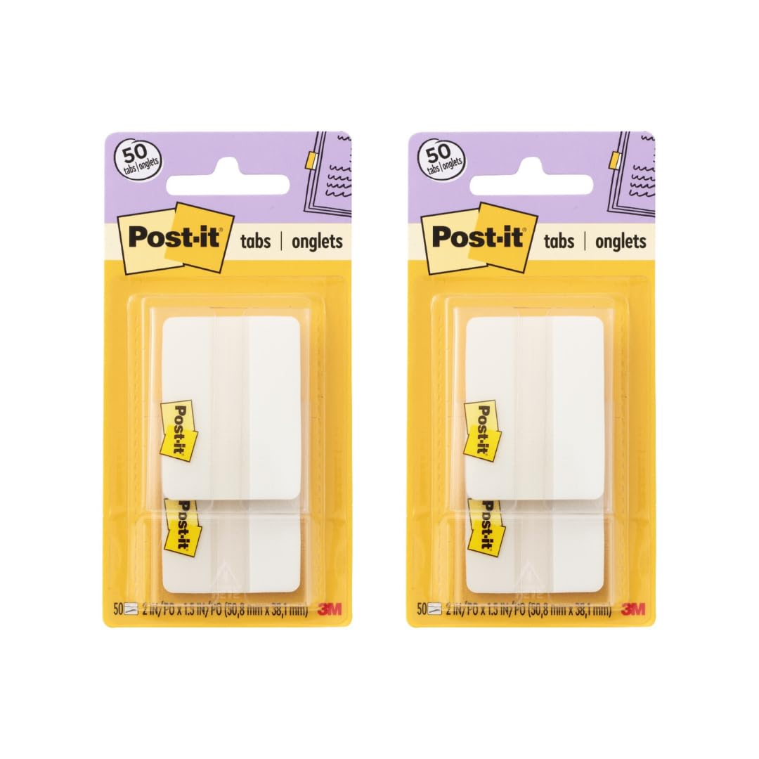 Post-it Tabs, 2 in, Solid, White, 25 Tabs/On-The-Go Dispenser, 2 Dispensers/Pack (686F-50WH) (2 Pack)