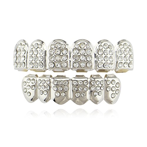 OOCC 18k Gold Plated Iced Out Grills with Diamond Hip Hop Teeth Grillz Caps Top and Bottom Set for Your Teeth (Silver)