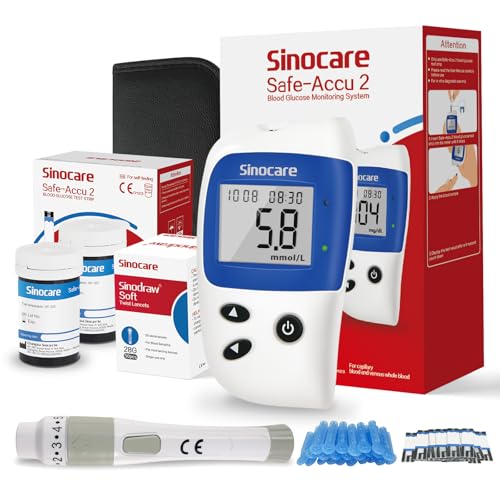 sinocare Diabetes Testing Kit, Blood Sugar Monitor Safe-Accu2, Blood Glucose Monitor with Light Warning, with Strips x 50 & Lancing Devices x 50 & Case, for UK Diabetics, in mmol/L