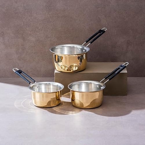 Pure Brass Saucepan Set, 1L, 1.5L, 2L Milk Pan and Tea Pan, Non-Toxic Cookware, Set of 3