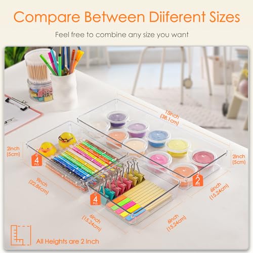 Criusia Drawer Organizer, 10 Pack Large Clear Plast Set, 3 Size Versatile Bathroom and Vanity Organizer Trays, Storage Bins for Makeup, Bedroom, Kitchen Utensils