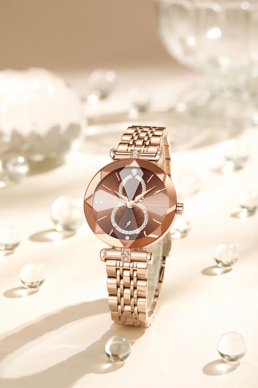 Image of Giordano Luxury Watch for Women - Round Diamond Cut Glass Dial, Elegant Stainless Steel Strap with Quartz Movement