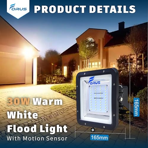 Image of Forus 30W LED Outdoor Flood Light with Motion Sensor, 8-15ft Detection, 180 Sensing, Day-Night Dual Mode, IP67 Waterproof, 4-Year Warranty, Security Light for Factory, Shop, Garden,Warm White-1PC