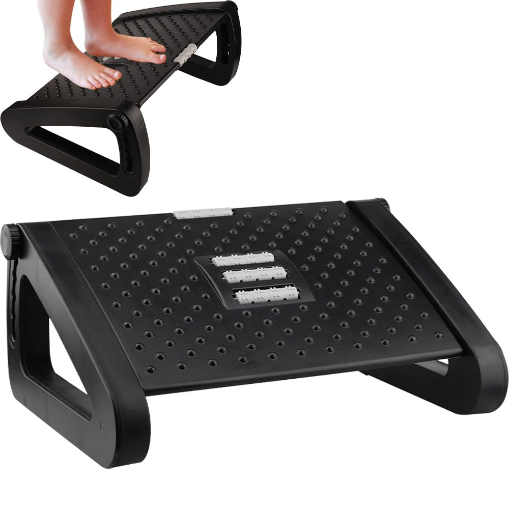 Foot Rest Under Desk, Adjustable Angle 6 Height, Ergonomic Foot Rest with Massager Function, Black