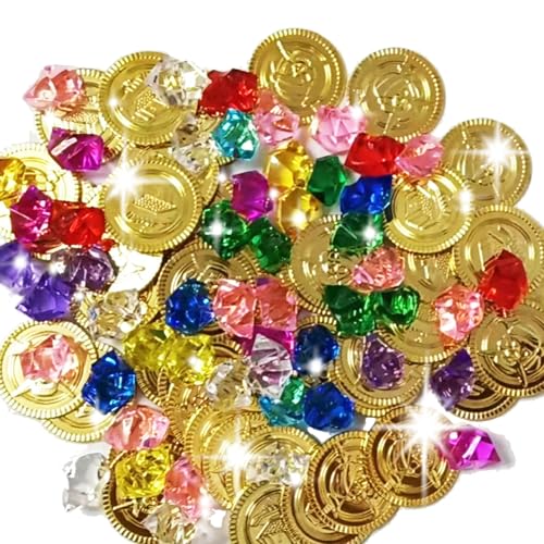 100 Stück Piratenschatz,50 Stück Edelsteine für Kinder,Piraten Deko Kindergeburtstag,50 Stück Goldmünzen,Schatzkiste Schatztruhe Mini Gold,Mitgebsel Goldtaler Pirat,Schatz Schatzsuche Kleine Party