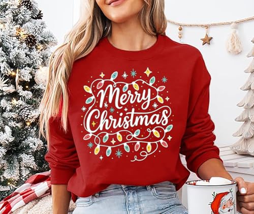 AmazingLucky Christmas Shirts Women Funny Merry Christmas Lights Sweatshirt Cute Graphic Xmas Lightweight Pullover Tops (Red-3, XXL)