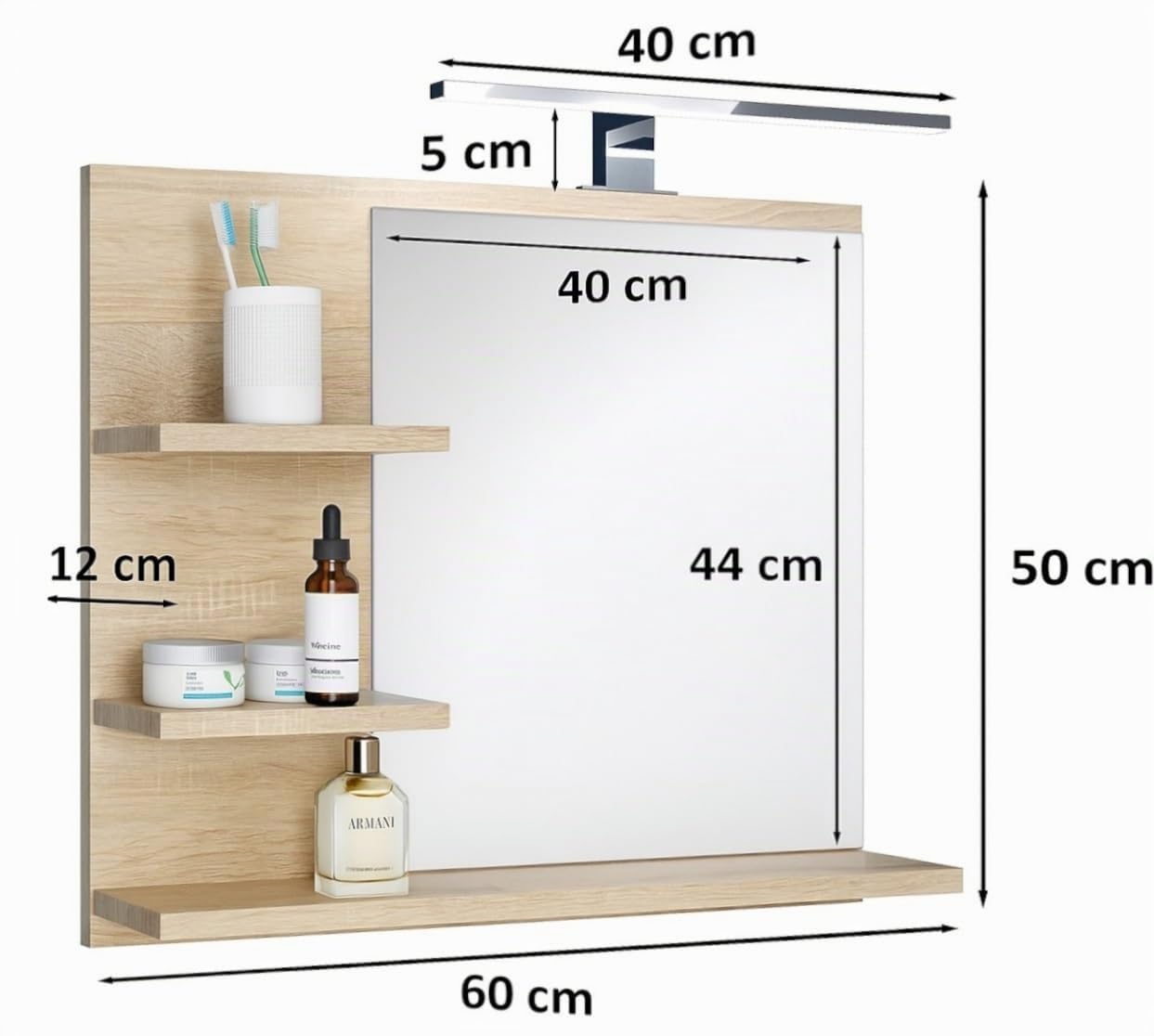 Specchio da bagno con 3 ripiani, sospeso, specchio per corridoio, camera da letto, bagno, Sonoma Oak 60X50 cm - LAMPADA LED - Sinistro