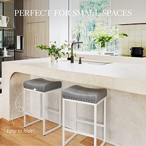 Lue Bona Counter Height Bar Stools, 24" Square Saddle Barstools Set Of 4, Modern Backless Faux Leather Counter Stool With White Metal Legs For Kitchen Island Counter,Home Bar,Bistro,Grey #TOP2
