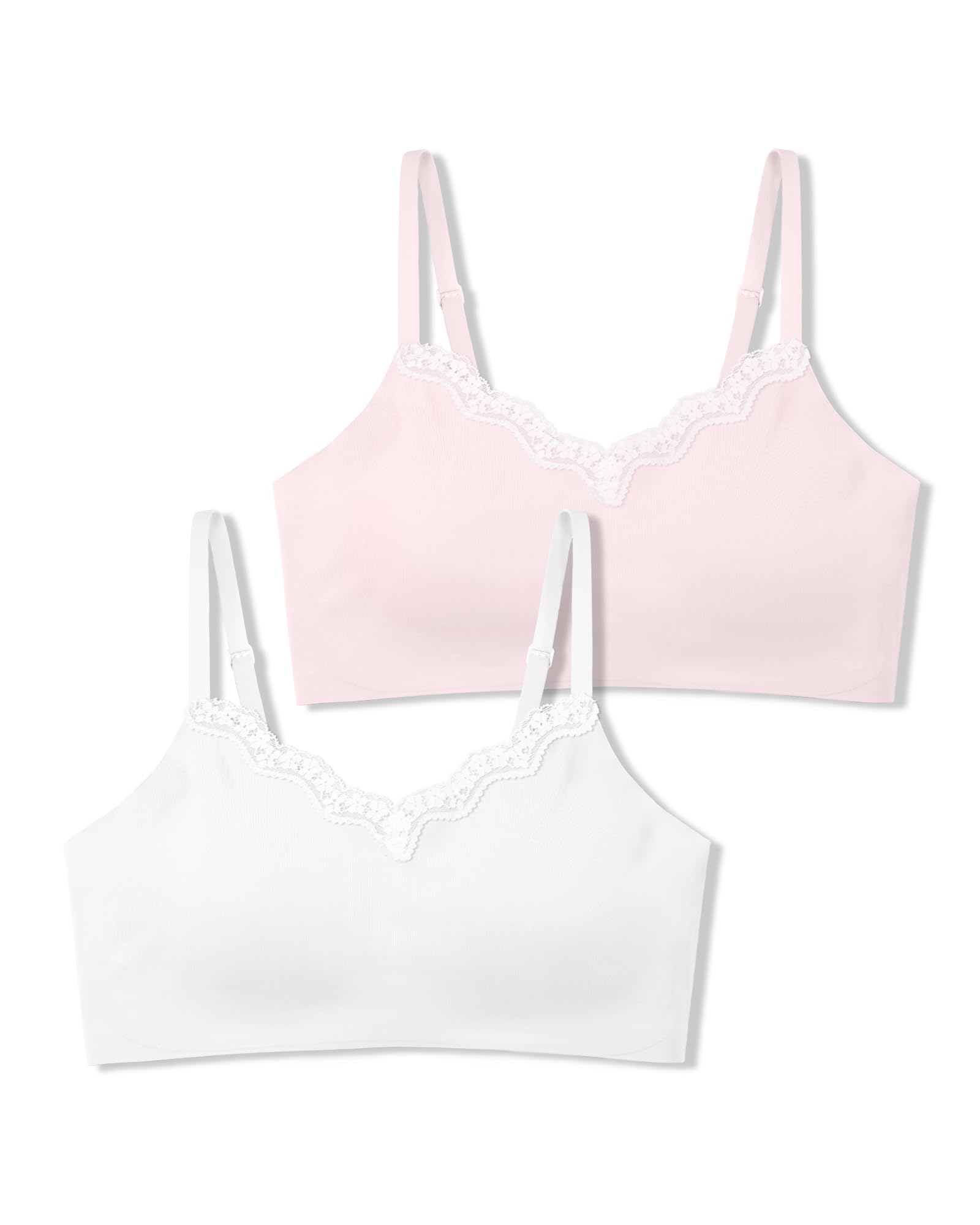 SALIA GIRL Soft Fixed Padding Training Bras for Girls 10-14, Seamless-Look | Seamless Cami Sports Bras for Teens, Adjustable Straps, Light Fixed Pads, No-Bulk Fit, No-Show Look, School & Active Days Pink/White - Lace Trim Medium