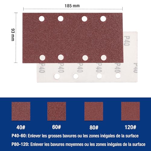 Disques de ponçage rectangulaires 185x93mm grain 40 à 120 WORKPRO 8 trous