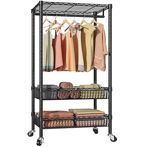 Vipek X20 Rolling Garment Rack Adjustable Wire Clothing Rack Portable Closet Rack With Hanging Rod Metal Basket Heavy Duty Clothes Drying Rack Laundry Sorter Cart Bathroom Storage Shelves, Black #TOP7