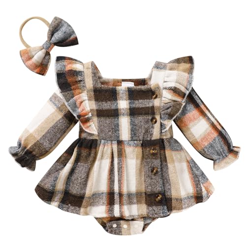 Image of TITKKOP Newborn Baby Girl Fall Winter Clothes Plaid Long Sleeve Romper Buttons Outfit Ruffles Dress with Bow Headband