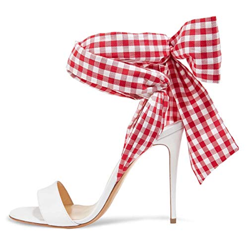 FSJ Women Gorgeous Open Toe Strappy Siletto High Heel Sandals Ankle Wrap Lace Up Slingback Plaid Wedding Dress Pumps Size 4-15 US
