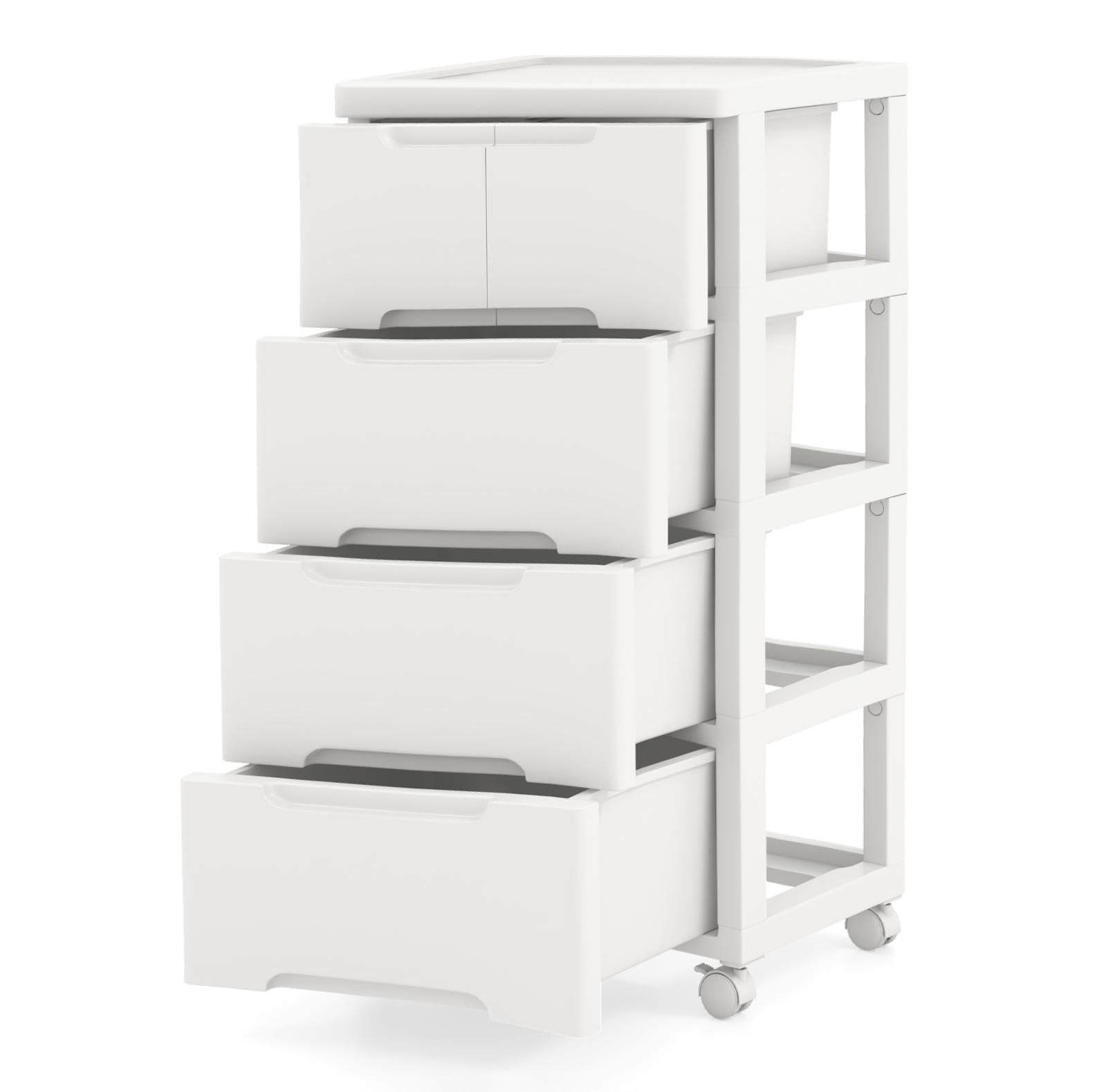 KOMFOTTEU Cómoda Estrecha con Cajones, Cajonera de Plástico con 4 Ruedas, Mueble de Almacenamiento Vertical para Dormitorio, Baño, Oficina, Blanco (4 Niveles)