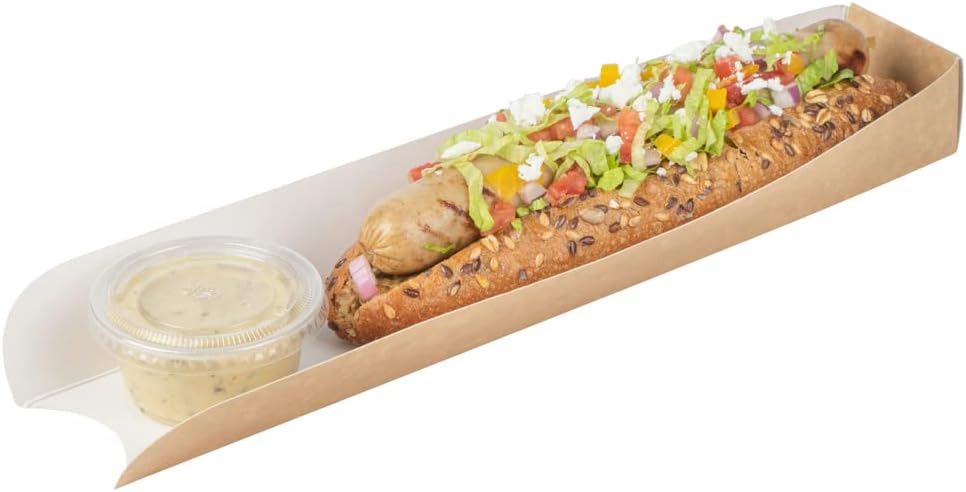 Restaurantware-Bio Tek 11.8 x 2 x 1.3 Inch Hot Dog Trays Pak of 200 Open-Design Hot Dog Containers - 3-Walled, Greaseproof, Recyclable, Disposable, Kraft Paper Serving Trays For Food Trucks