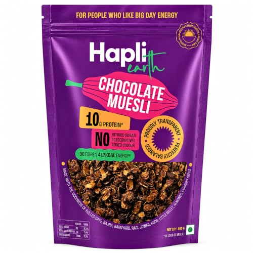 Image of Hapli Earth 6 Millet Chocolate Muesli | 10g Protein, High Fibre | Healthy Breakfast Cereal with Rolled Oats, 6 Millets, Cocoa, Almonds & Pumpkin Seeds | No Refined Sugar, No Preservatives | 400g