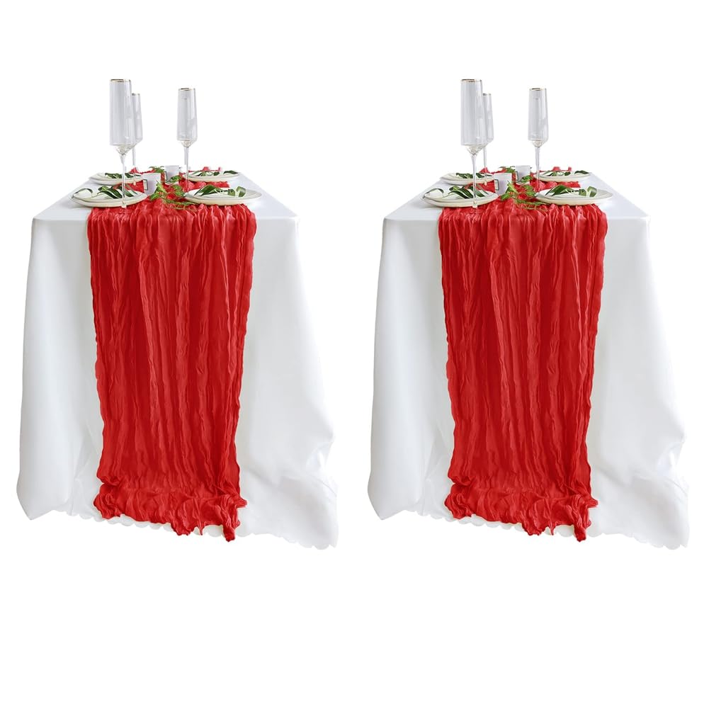 CTRLZS 2 Pack Rustic Red Gauze Cheesecloth Table Runners 9.8 Ft Wedding Shower Holiday Event Decor Gathering
