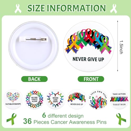 72 Pcs Cancer Awareness Accessories: 36 Ribbon Silicone Wristband Bracelets and 36 Button Badges Pins for All Cancer Support, Gift, Backpack Decoration3