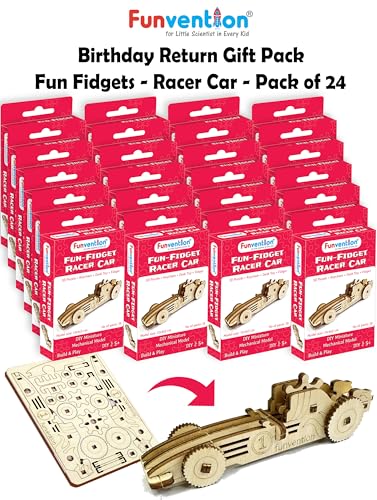 Image of Funvention Birthday Return Gifts (Pack of 24) Fun Fidgets - Racer Car | DIY Miniature Mechanical Models 3D Puzzle Return Favours for Kids Birthday Party 5+ Years Made in India Toys, Gold