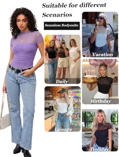 Image of Avidlove Women's Short Sleeve Bodysuit Turtle Neck Body Suits Mesh One Piece Leotard Going Out Tops Date Outfits