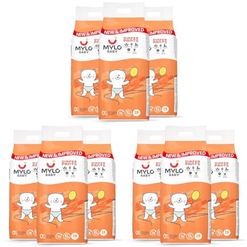 Image of Mylo Baby Diaper Pants Extra Large (XL) Size 12-17 kgs (84 count) Leak Proof | Lightweight | Rash Free | Upto 12 Hours Protection | ADL Technology | with Aloe Vera Lotion (28 Count, Pack of 9)