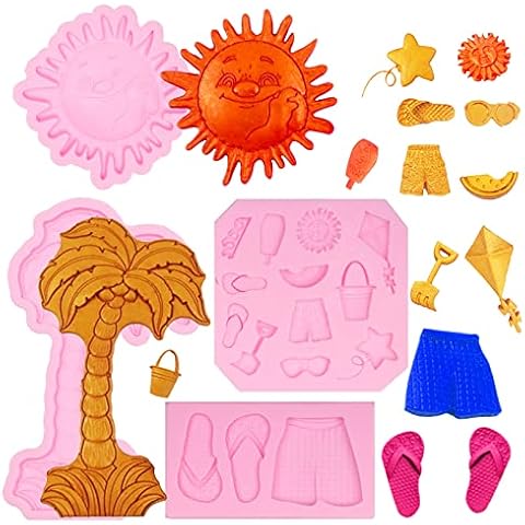 Xcake Lcook Coconut Tree Silicone Fondant Mold, Surf Shorts Slipper Chocolate Molds, Summer Holiday Beach Sun Baking Molds for Cake Decoration Cupcake Topper Candy Clay Resin Cover