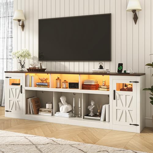 Image of chartustriable Farmhouse TV Stand for 100 Inch TV,95 inch Entertainment Center w /LED Light,Large Media Console Cabinet w /Rustic Barn Doors,Power Outlets,Adjustable Shelves for Living Room,White