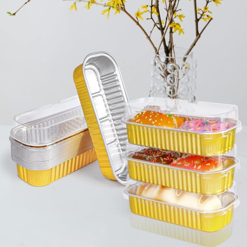 Image of Disposable Aluminium Rectangle Aluminium Tin Foil Bake & Serve Cup with Lid | Containers | Non-Stick Foil Baking Container Food Storage Baking Pans Pack 20