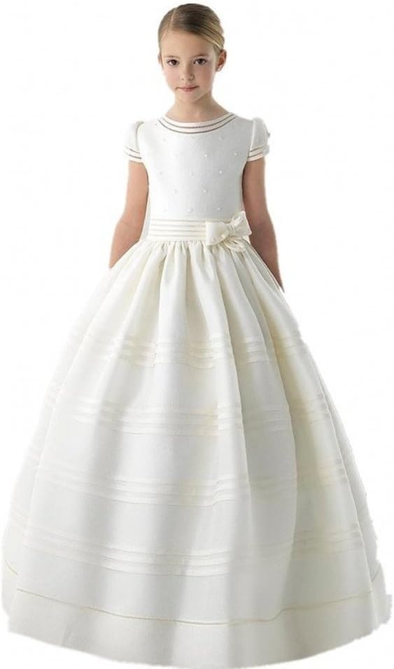 Graceprom Girls Scoop Short Sleeves First Communion Dresses with Bow Flower Girl Dress White