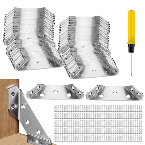 60 Stück Eckwinkel, Metall Eckverbinder Möbelbau mit 240 Schrauben und Schraubendreher Winkel Edelstahl Dreieck Form Ecke Klammer Dreiecksstütze Möbelverbinder für Schrank Tisch Stuhl
