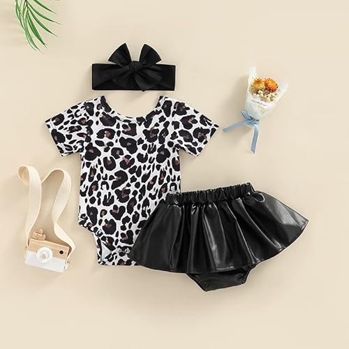 Axupico Newborn Baby Girls Romper 3Pcs Skirt Set Short Sleeve Leopard Bodysuit Black Skirt Mini Faux Leather Dress (Leopard , 3-6 Months ) #TOP6